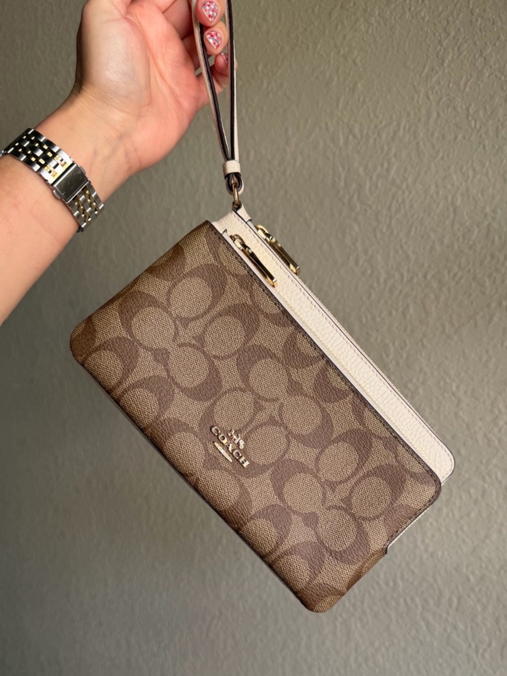 Coach Double Zip Wallet Wristlet in Khaki Chalk Signature Canvas